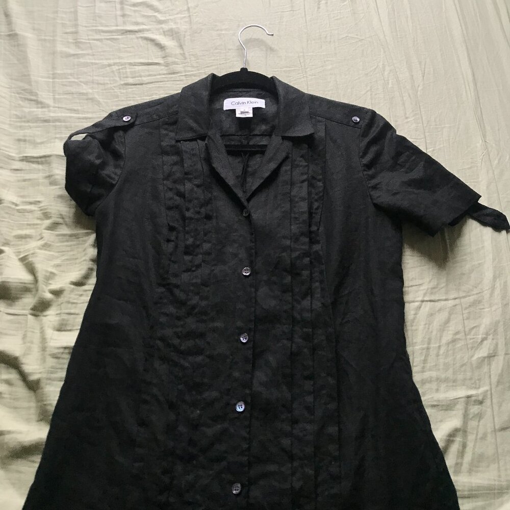 Calvin Klein 100% Linen Button Down Black Midi Dress Size 6